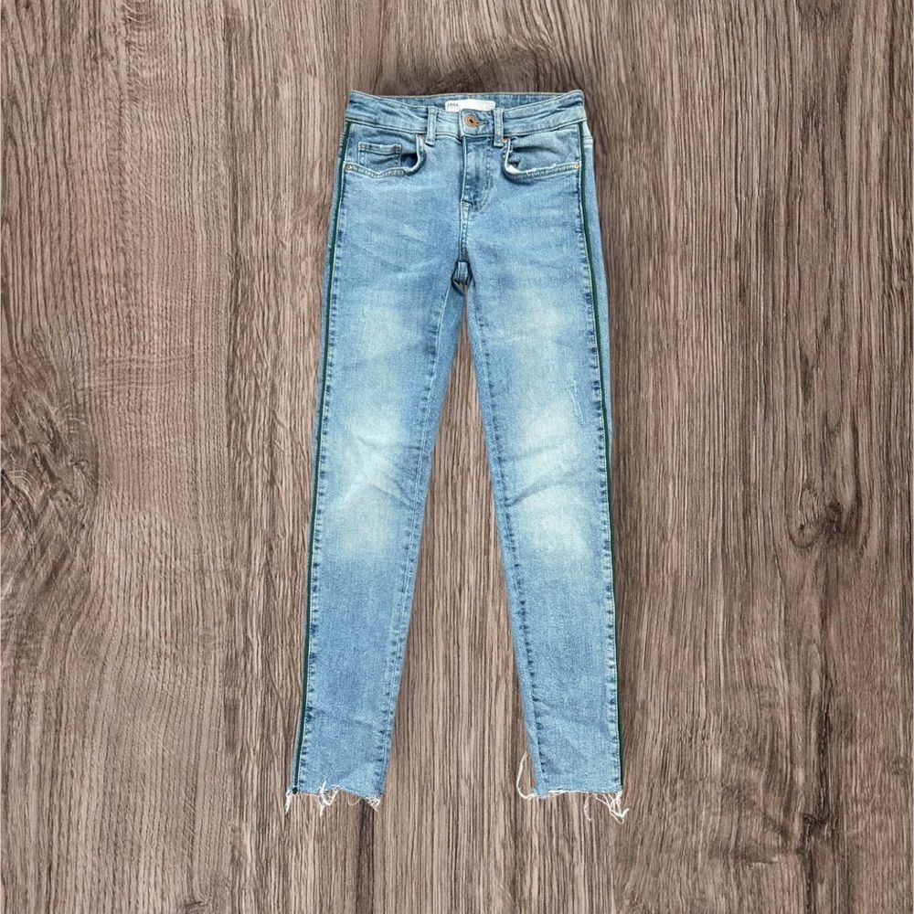 Zara Z1975 Blue Skinny Jeans Raw Hem Green Velvet Side Stripe Tuxedo Wash Sz 2